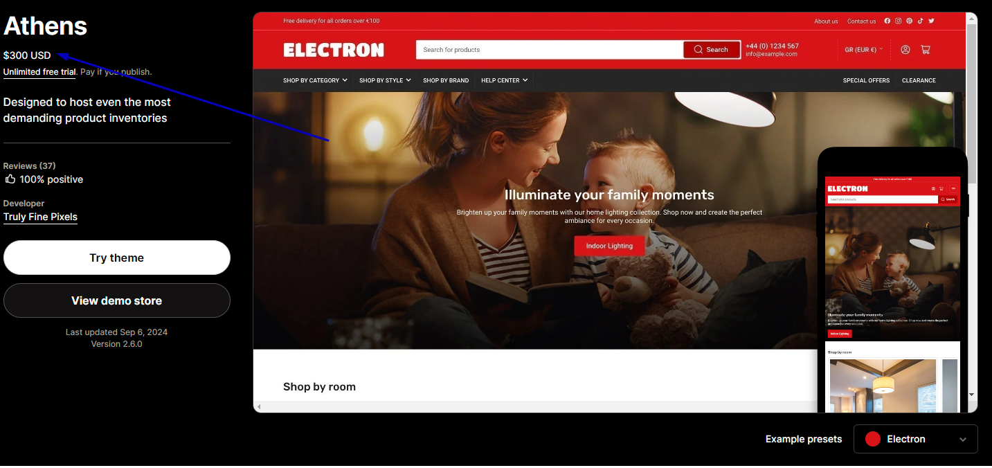 Pricing of the Athens Theme Shopify